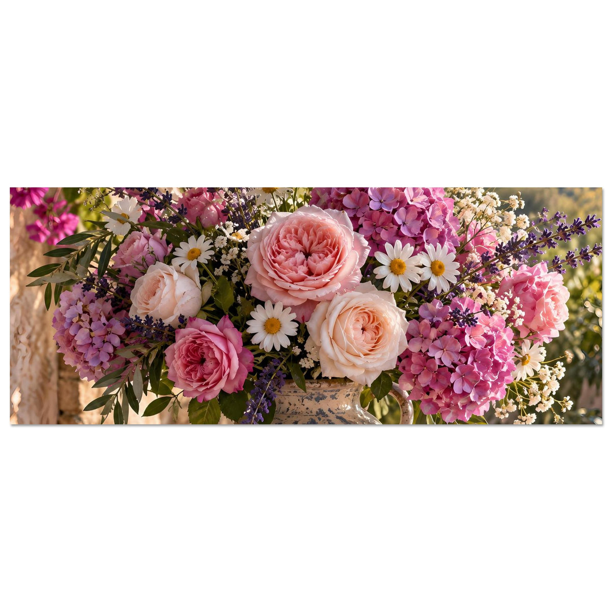 Blumenposter mit üppigem Strauß in Keramikvase, horizontal
