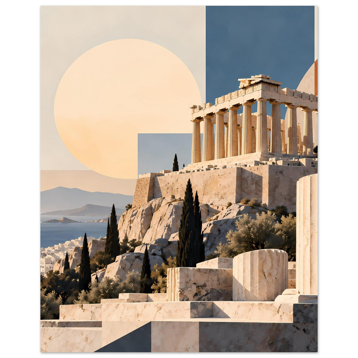 Griechenland-Poster im Hochformat: Parthenon-Ruinen, rundes Sonnendesign und blaue Himmelzone