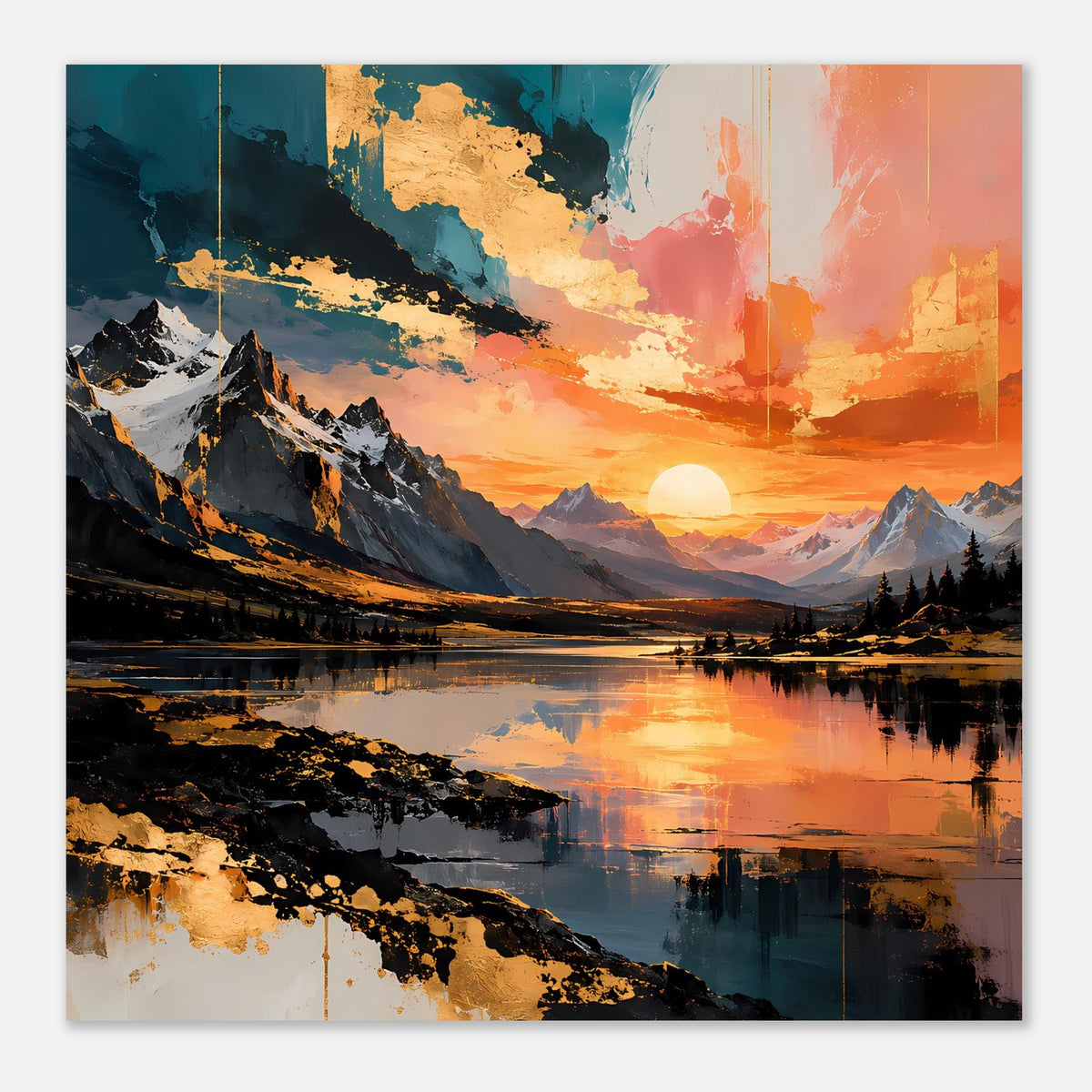 Poster im Querformat mit Bergen, Seeufer und Sonne am Horizont, orange-pinkes Licht