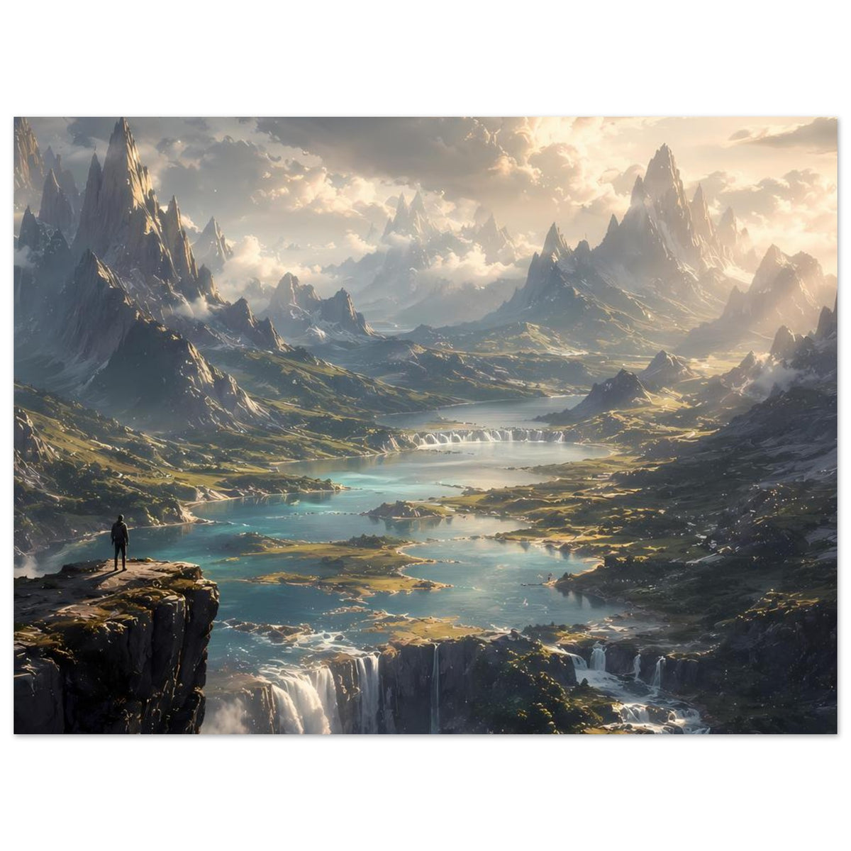 Berglandschafts-Poster mit Wasserfall, Fluss und weichem Sonnenlicht, Person auf Felsvorsprung