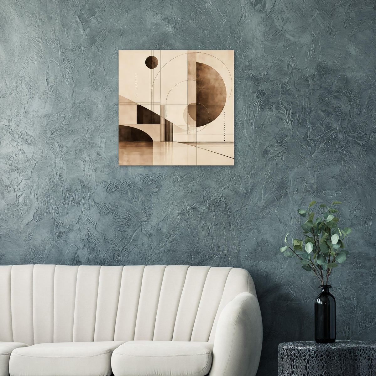 Abstrakter Kunstdruck in Sepia mit geometrischen Formen und Linien, quadratisch