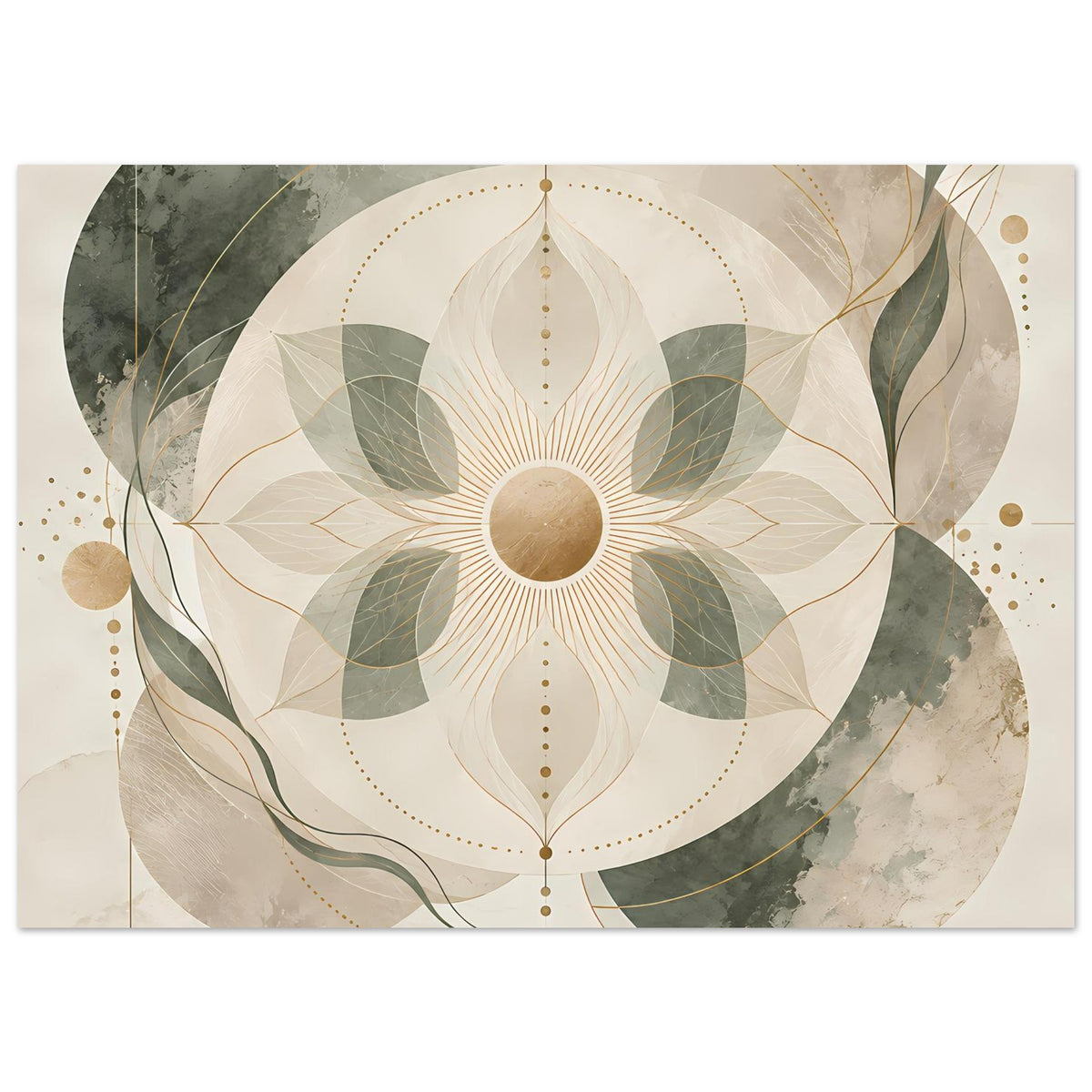 Zen-Poster mit Mandala in Beige, Grün und Gold, breiter Ausschnitt des runden Zentrums.
