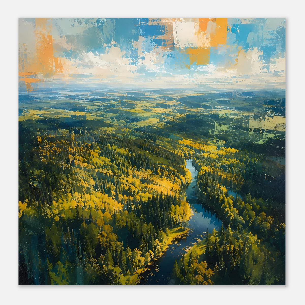 Poster mit Fluss im Herbstwald, gelb-grüne Baumlandschaft und abgesetzter Horizont