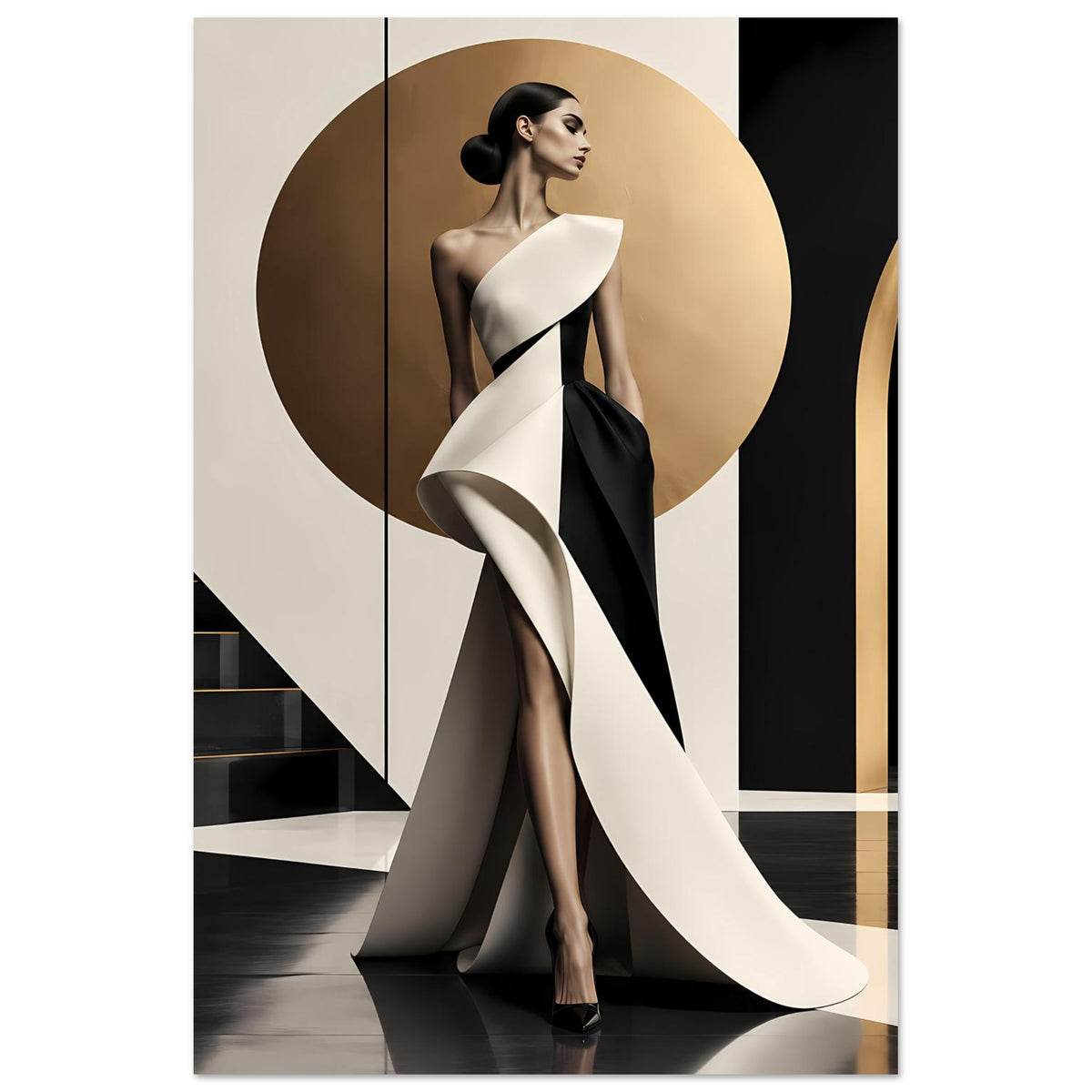 Minimalistisches Fashion-Poster mit Frau in Schwarz-Weiß, langem weißem Kleid, schwarzem Schal