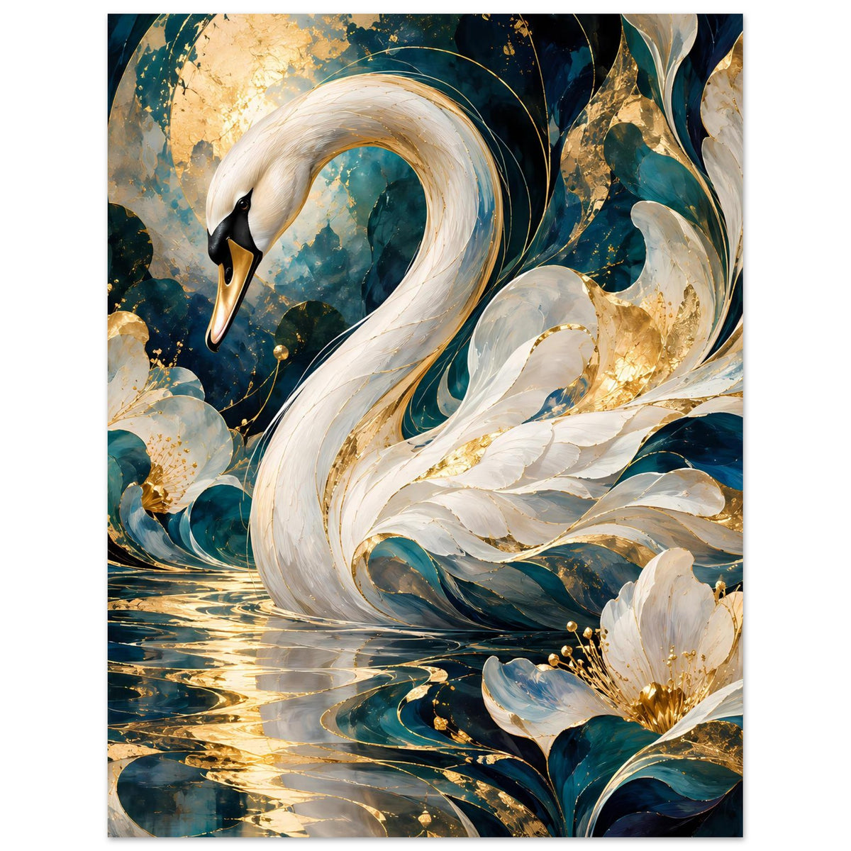 Poster mit weißem Schwan, goldenen Reflexen, türkisfarbenen Blättern und Blüten