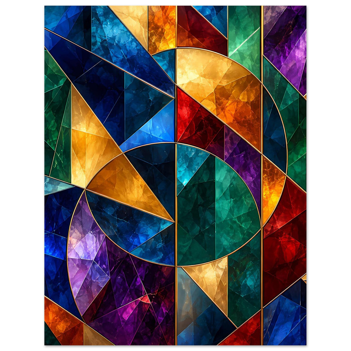 Poster mit geometrischen Tiffany-Glas-Flächen und Rundbogen in Blau, Grün, Gelb, Violett und Rot