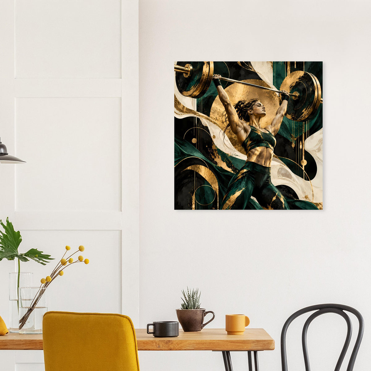 Quadratisches Kunstposter: Figur mit Langhantel, Gold- und Grünmuster.