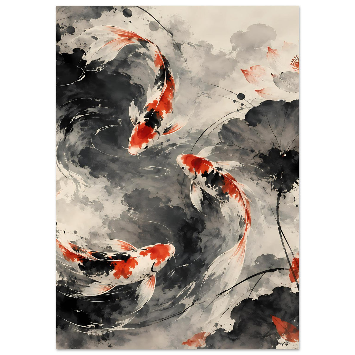 Poster mit Koi-Fischen im Tusche-Stil, grau-schwarz, orange Fische und Wolken, hochformat