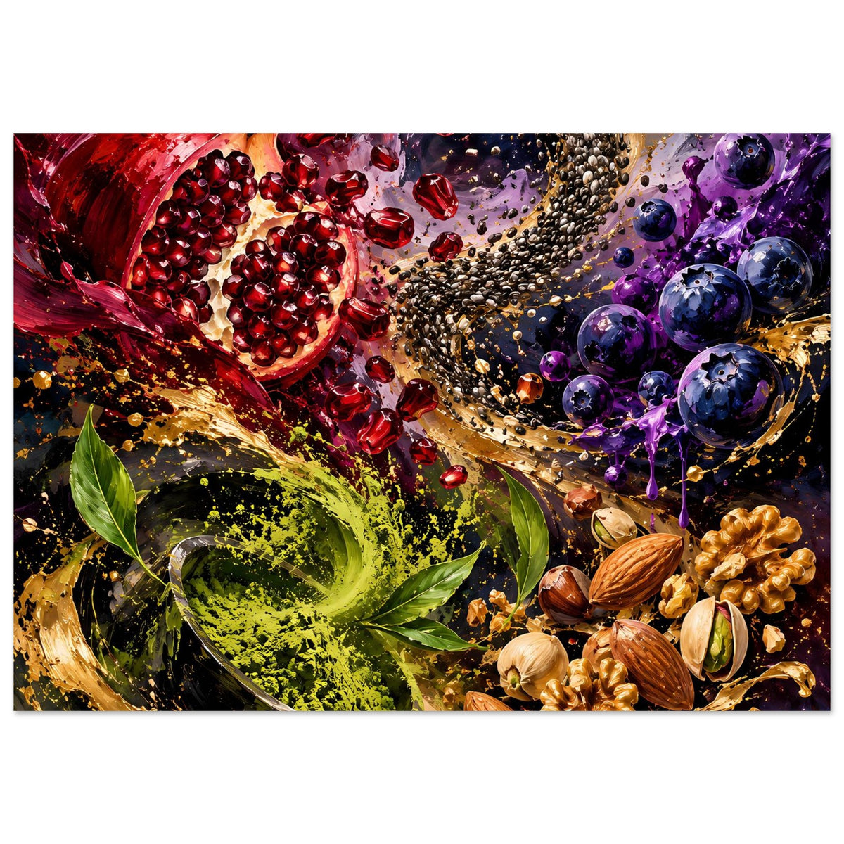 Poster mit Obst- und Nuss-Elementen: Granatapfel links, grüne Blattspirale, Blaubeeren rechts