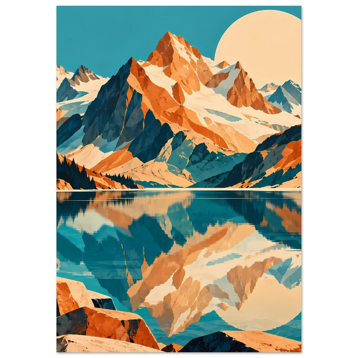 Naturposter im Hochformat mit Bergpanorama und See-Spiegelung in Blau und Orange