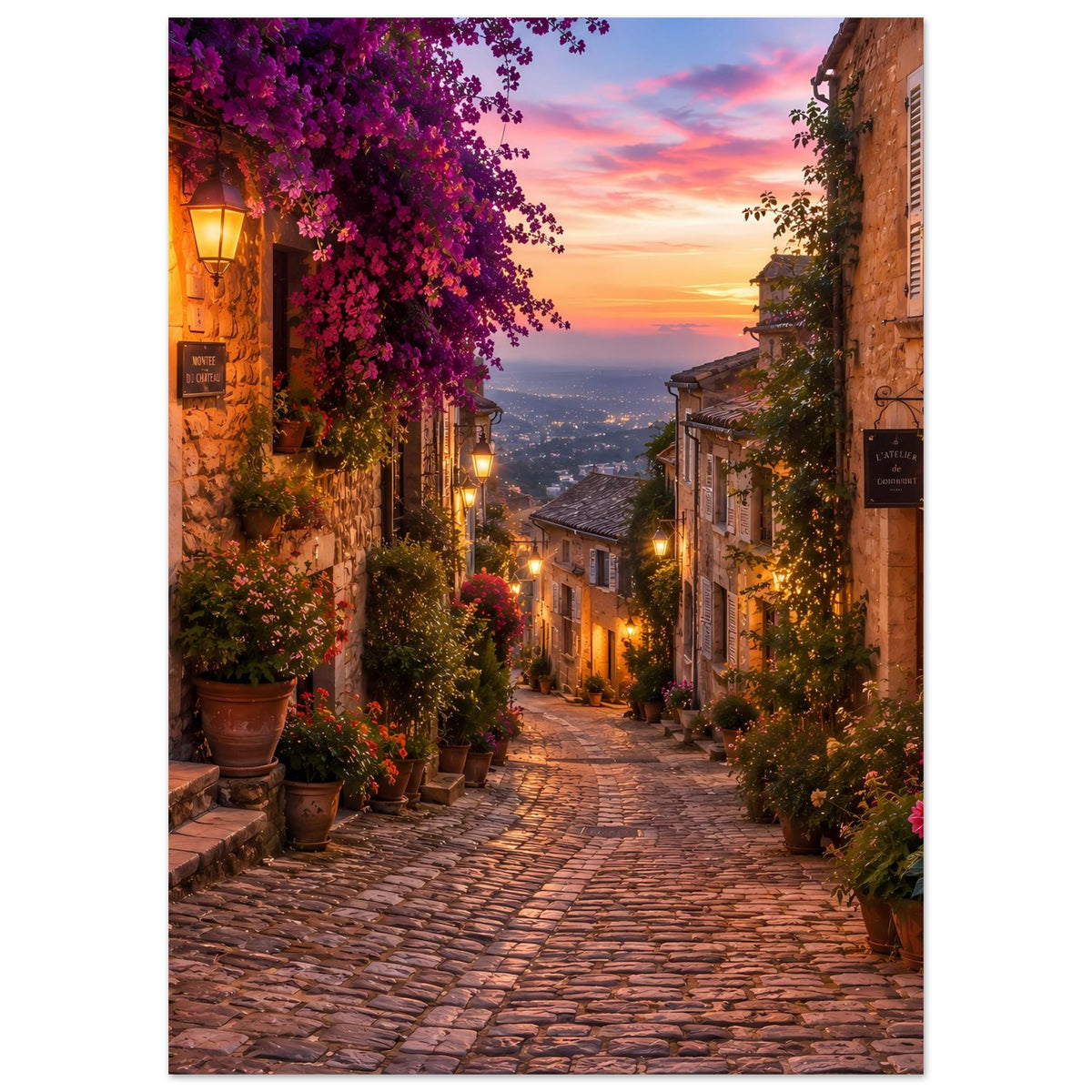 Poster mit Gasse bei Sonnenuntergang, Laternen und blühenden Pflanzen (hochkant)