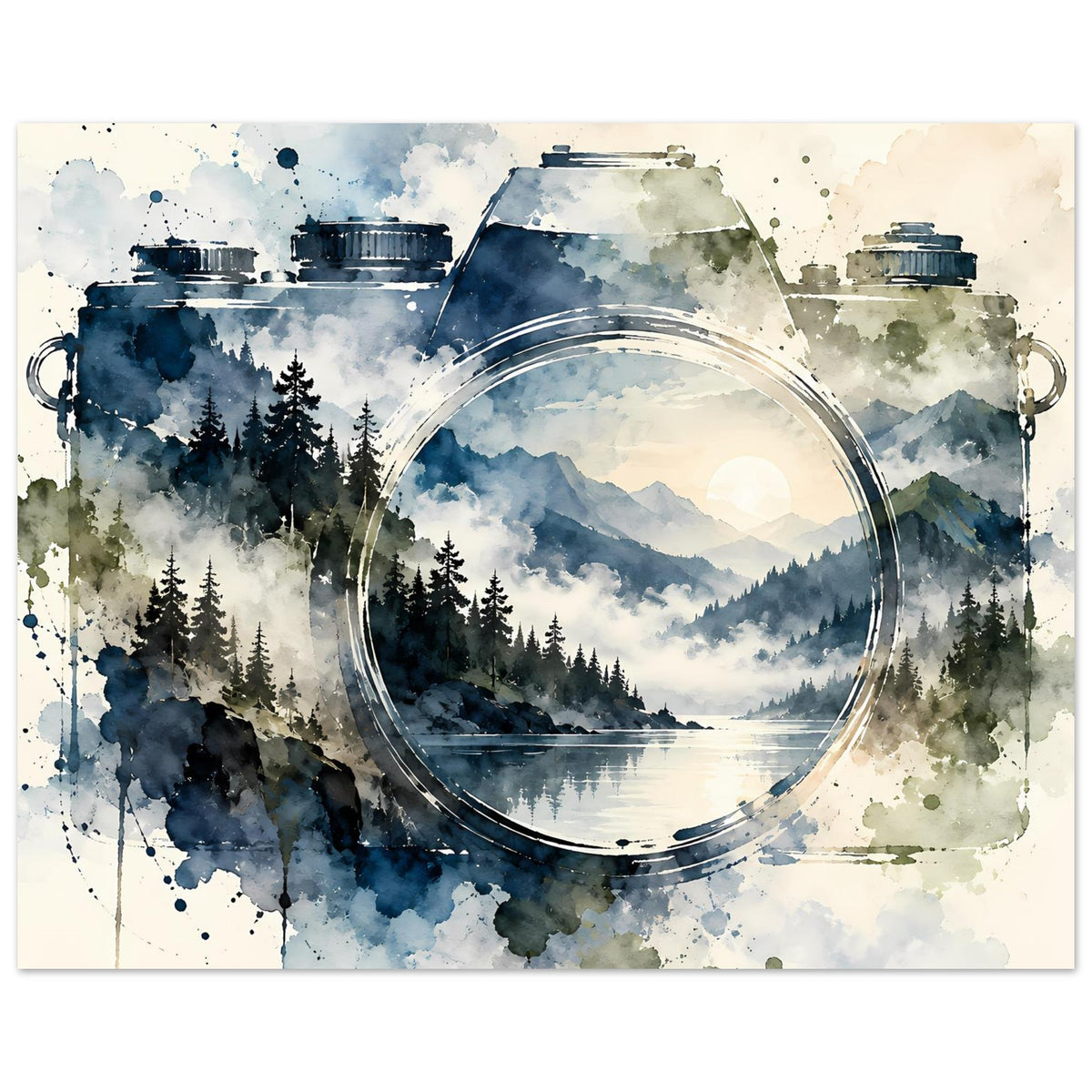 Aquarell-Poster mit Vintage-Kamera, runder Linse und Bergsee-Landschaft
