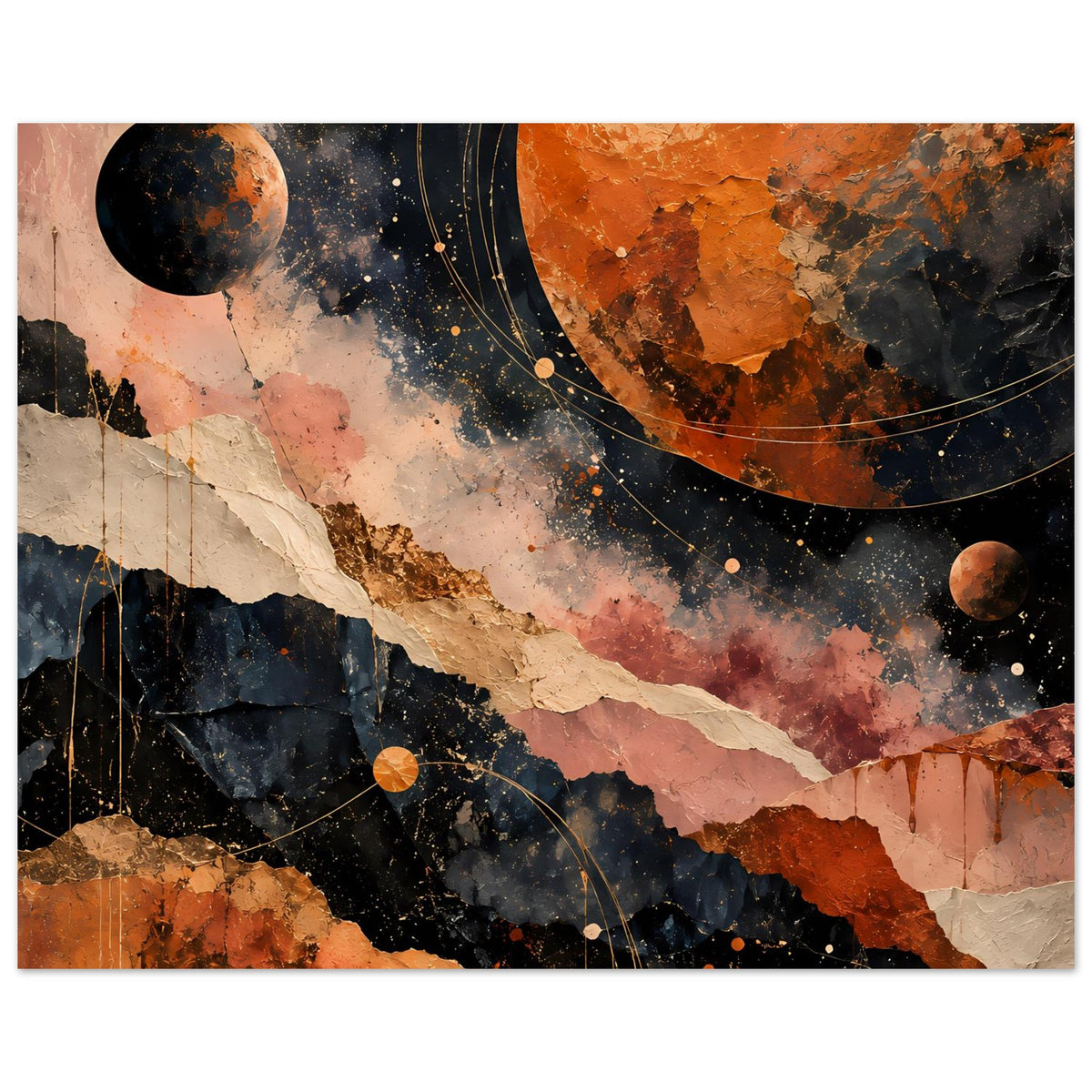 Abstraktes Kosmos-Landschafts-Poster (horizontal) mit Planeten, Sternen und feinen Kreislinien.