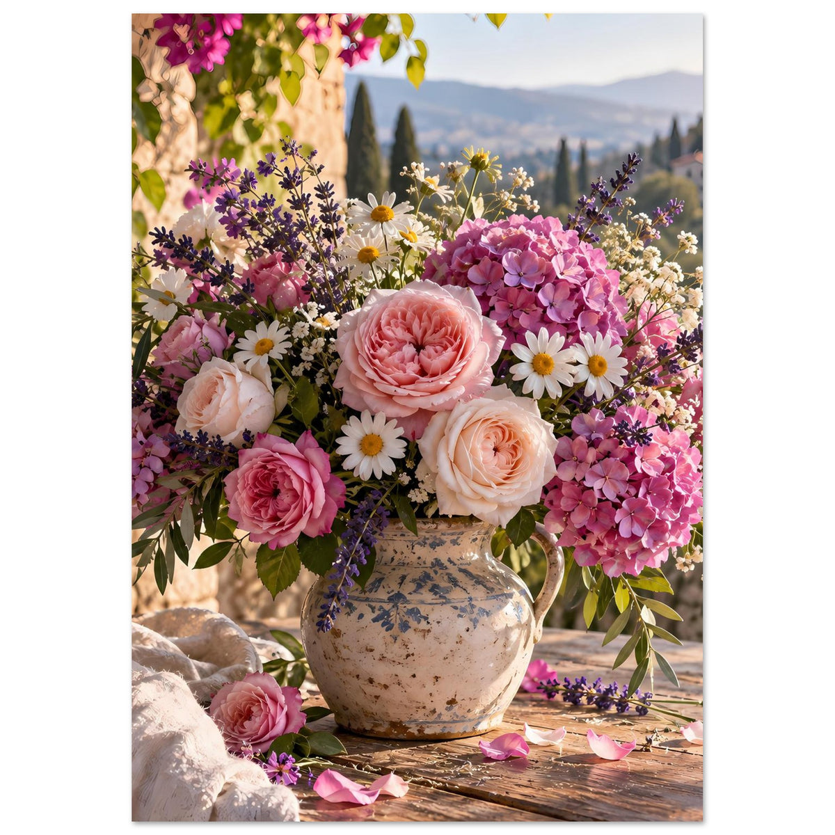 Blumenposter: rosa und violetter Blütenstrauß in Vase mit Blumenmotiven am Rand