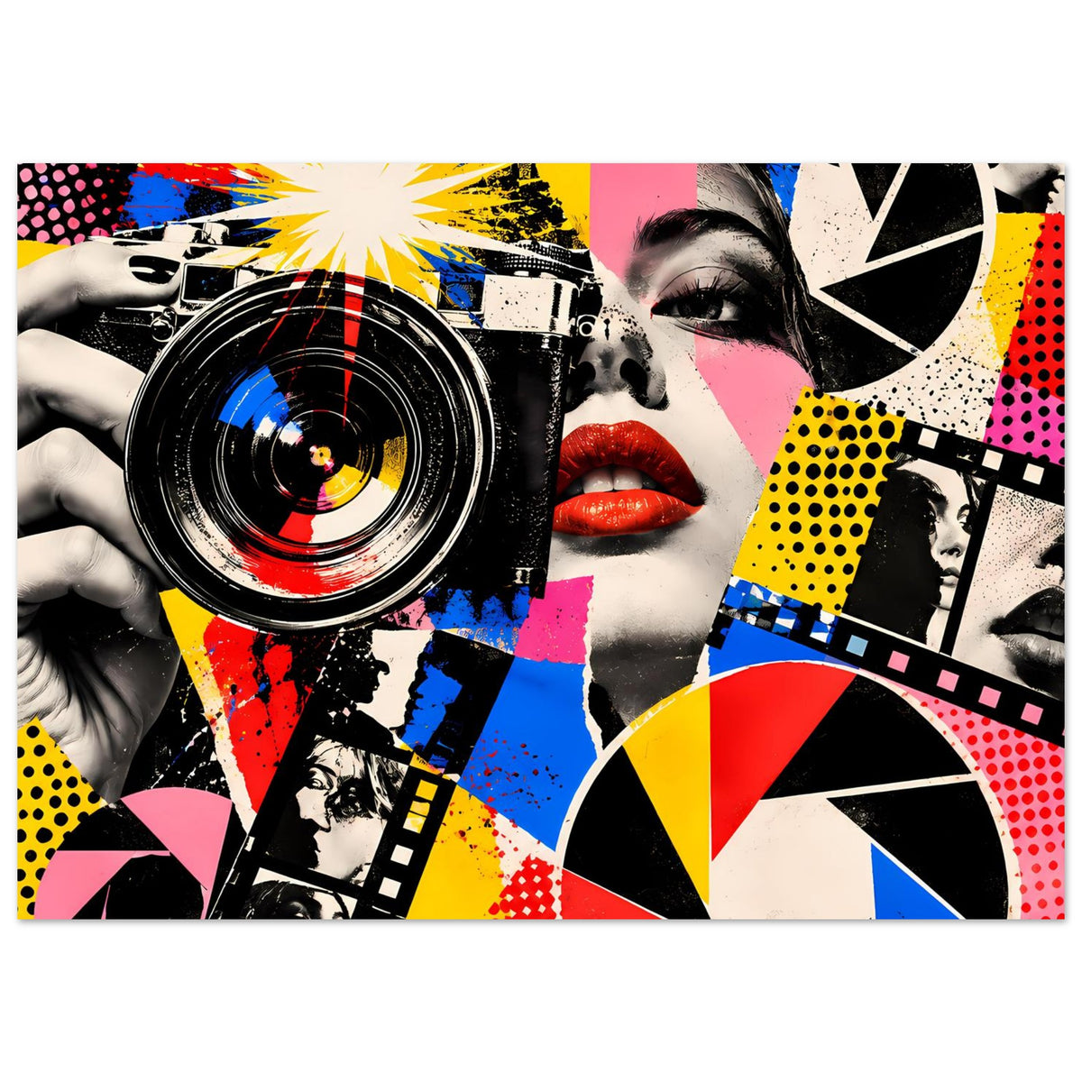 Breitformat-Poster mit Kamera-Linse, roter Lippenpartie und geometrischen Farbfeldern