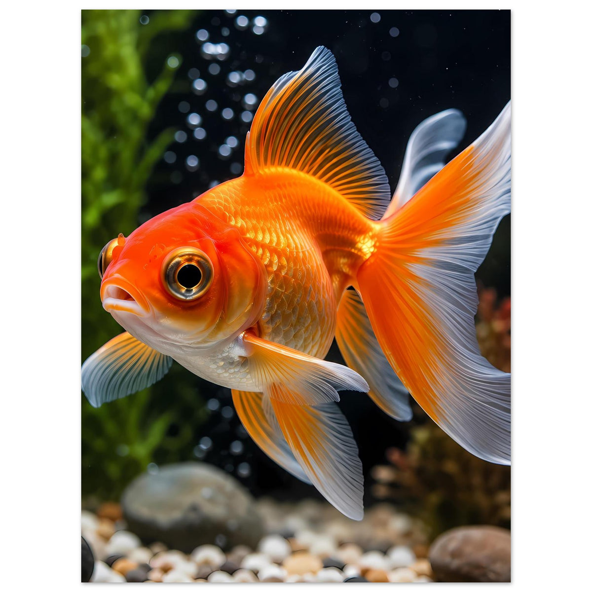 Vertikales Poster mit orangefarbenem Goldfisch mit weißen Flossen und rundem Auge