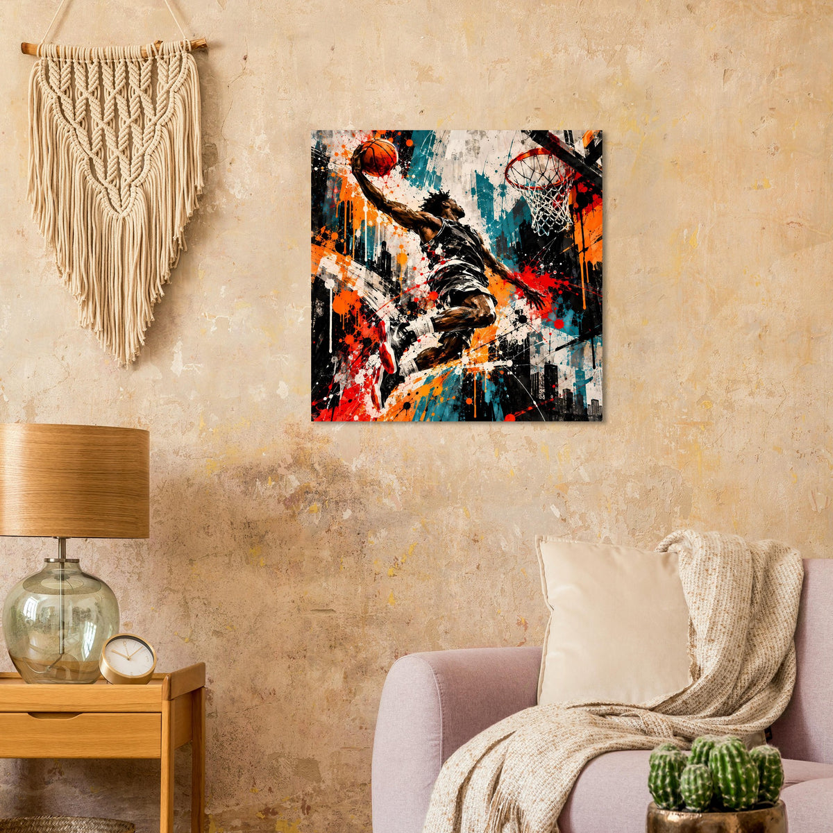 Basketball-Poster mit abstraktem Basketballspieler, Korb und Farbspritzer im Splash-Art-Stil