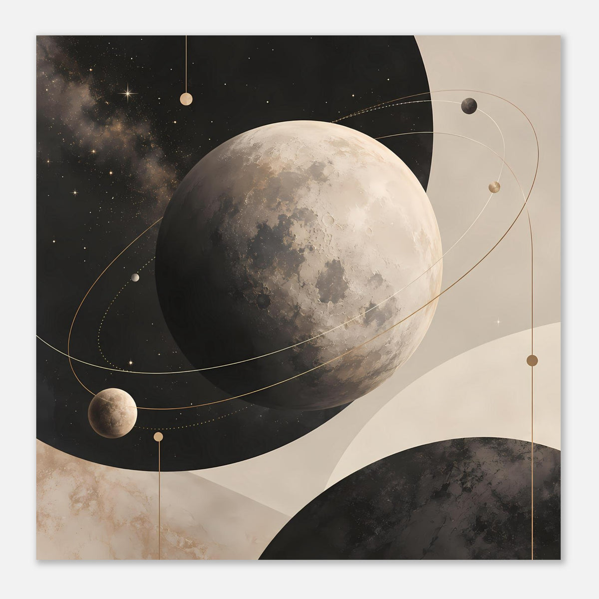 Kleines Mond- & Sterne-Poster in Erdtönen mit goldenen Linien und Planeten