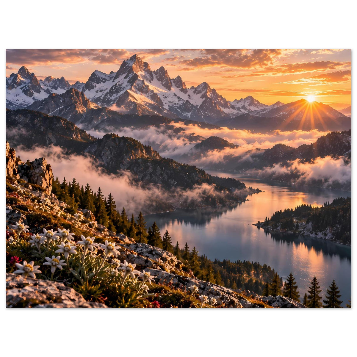 Horizontales Poster mit Alpen und Bergsee, orangefarbener Himmel, Blumen im Vordergrund
