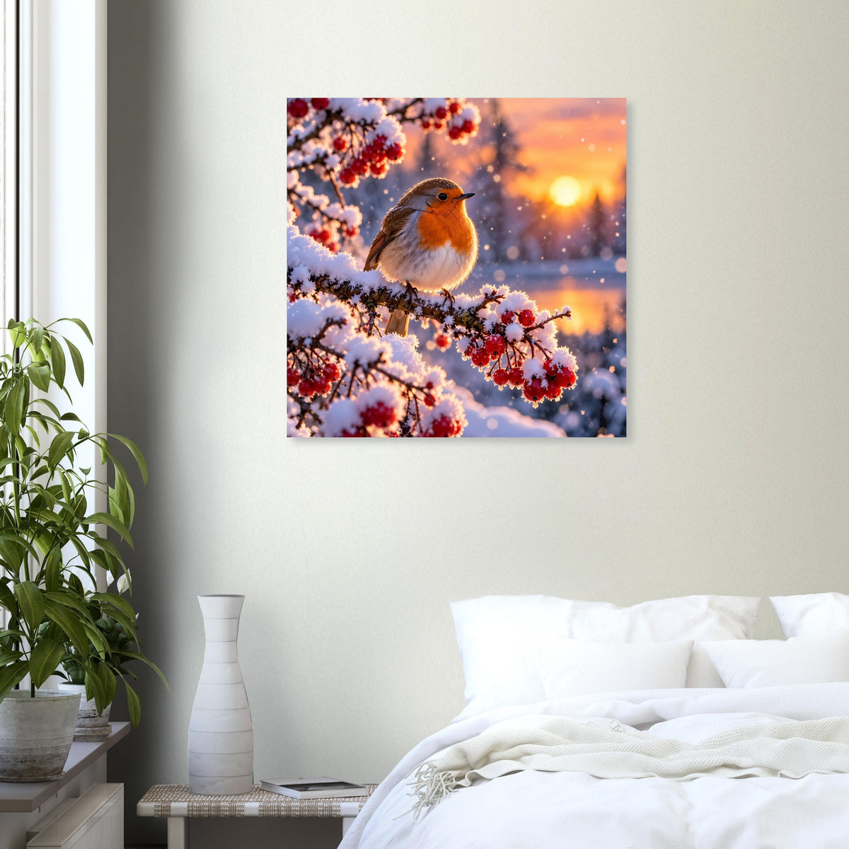 Quadratisches Winter-Poster mit Rotkehlchen auf verschneiten Blütenzweigen bei Abendsonne.