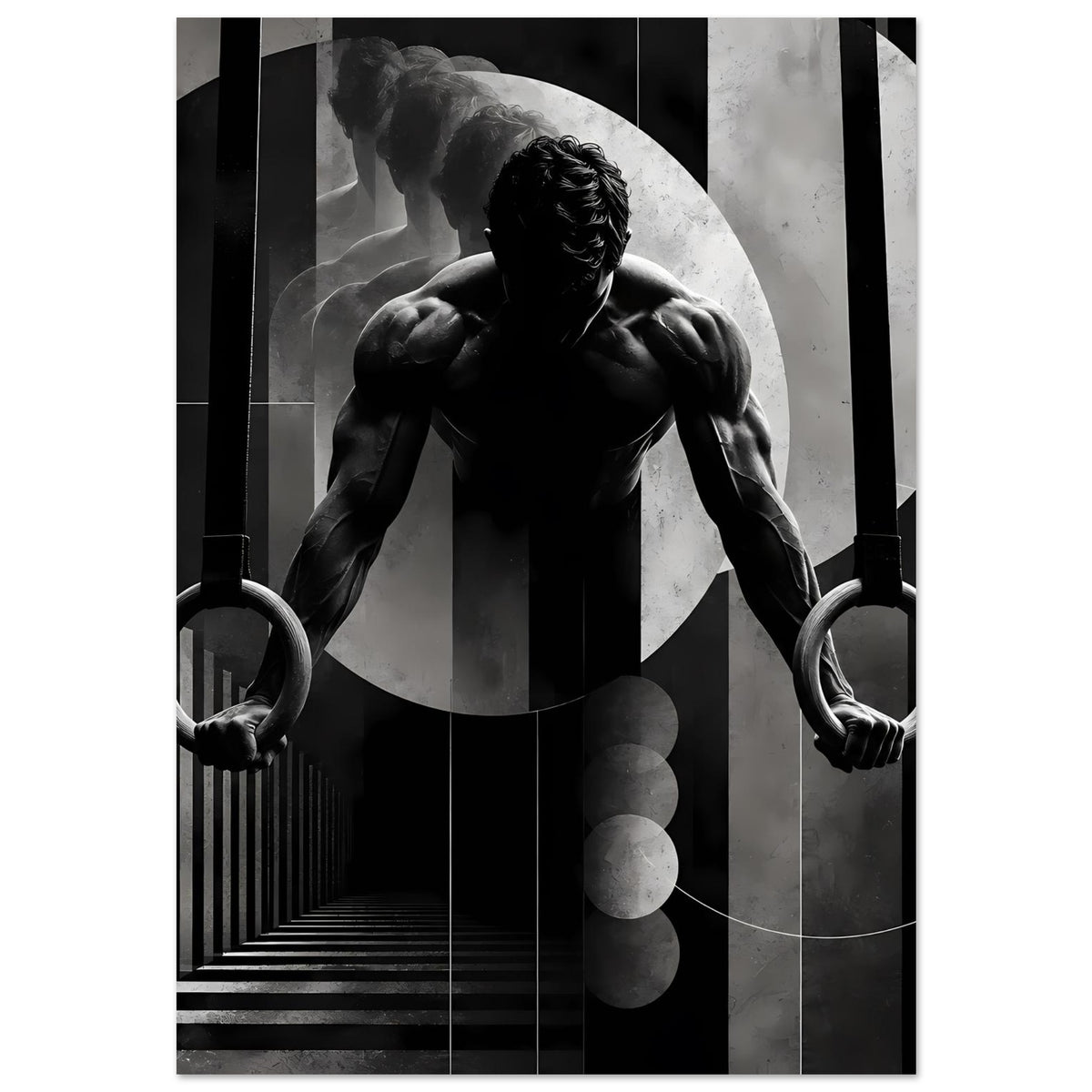 Schwarzweißes Gymnastik-Poster mit Athleten-Figur, Turnringe in beiden Händen