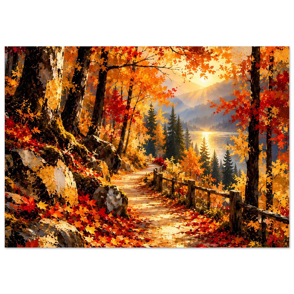 Herbst-Wanderweg-Poster im Querformat: Zaunlinie am Laubweg, bunte Baumkronen und Sonnenlicht.