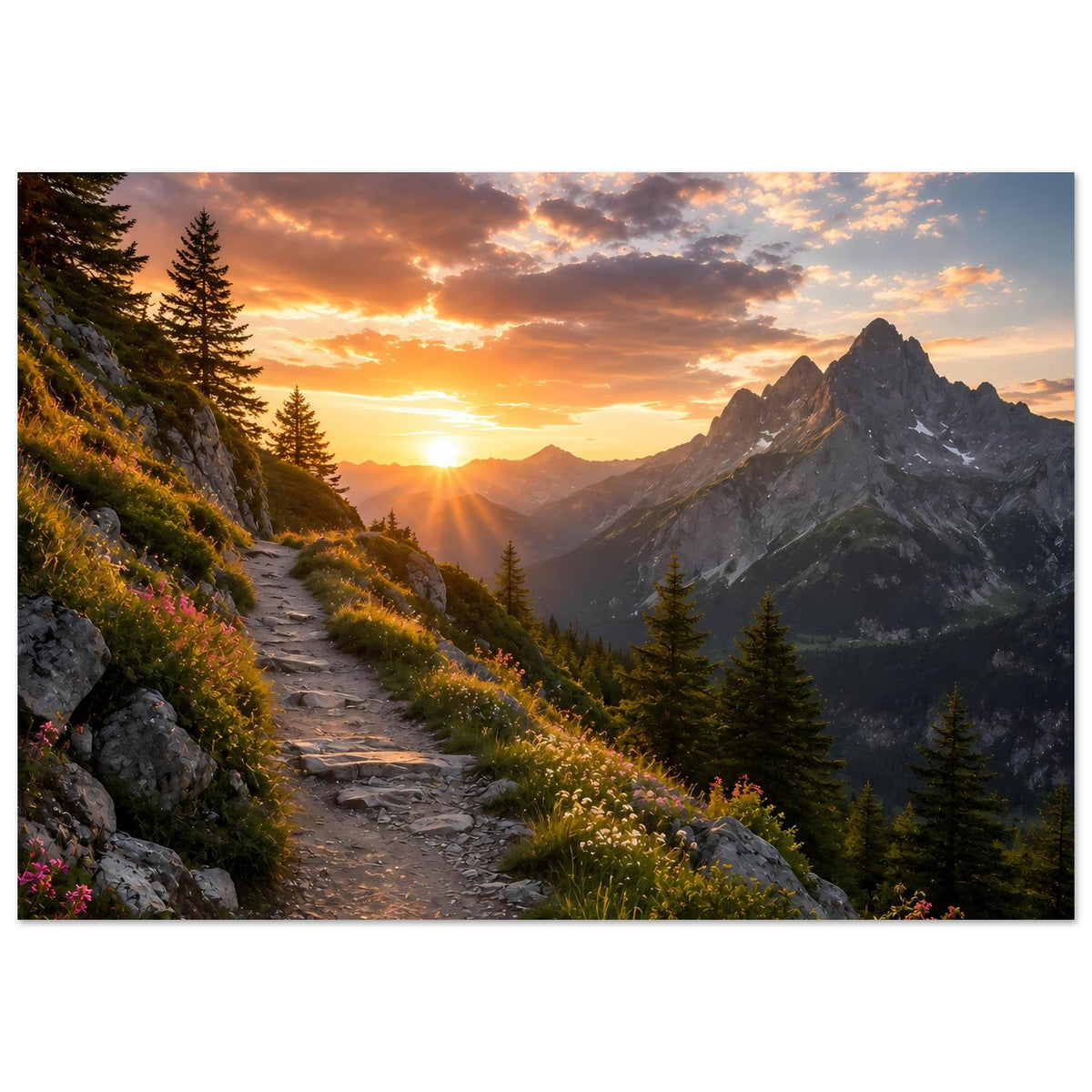 Rechteckiges Poster mit Bergpfad im Sonnenuntergang, Fichten, Felsen und Tal