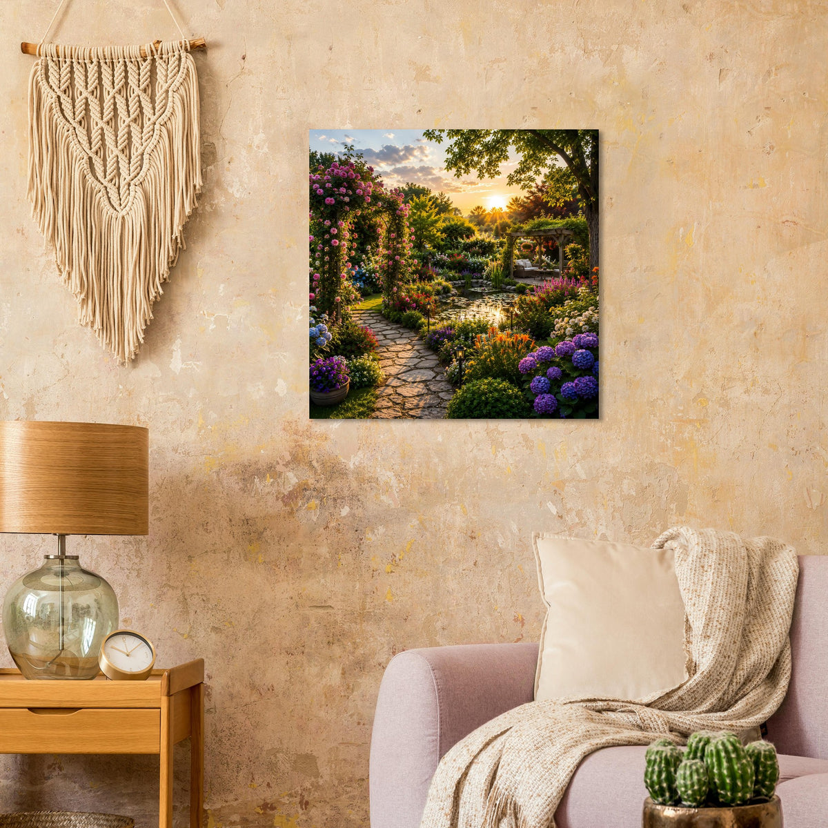 Quadratisches Gartenposter mit Blumenbeeten, Weg und Sonnenuntergang