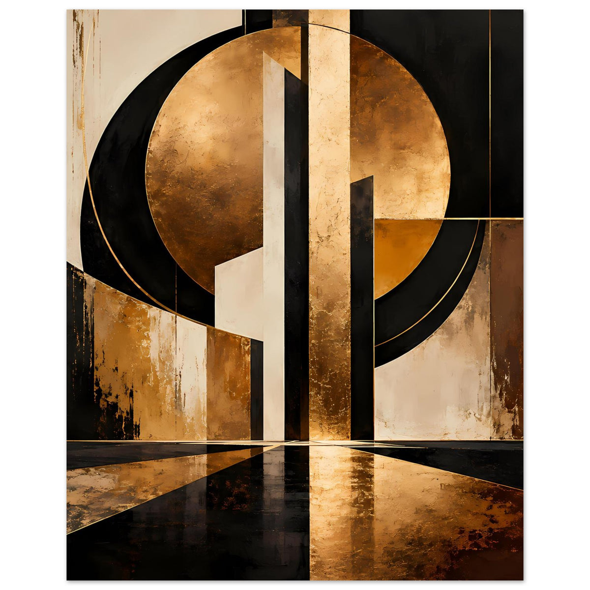 Abstraktes Gold-Schwarz-Artposter: großer Kreis über gefächerten Flächen, senkrechter Balken
