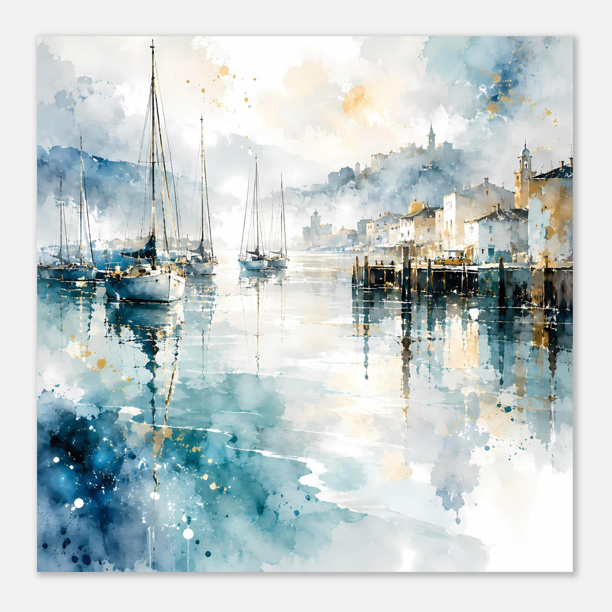 Aquarell-Poster mit Segelbooten im Hafen, Blauverlauf und Lichterreflexen