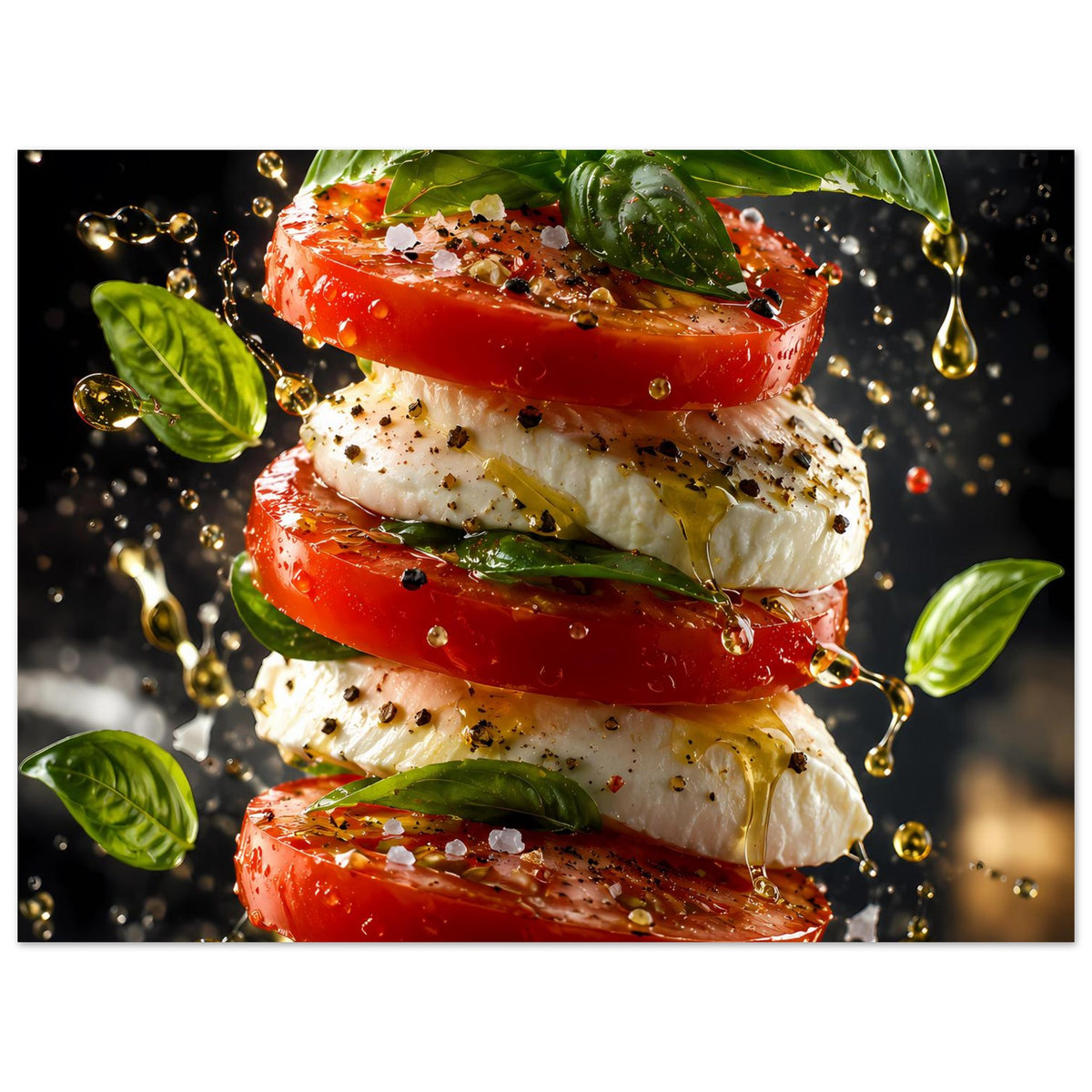 Küchenposter mit gestapelten Tomaten und Mozzarella sowie Basilikumblättern, dekoratives Topping