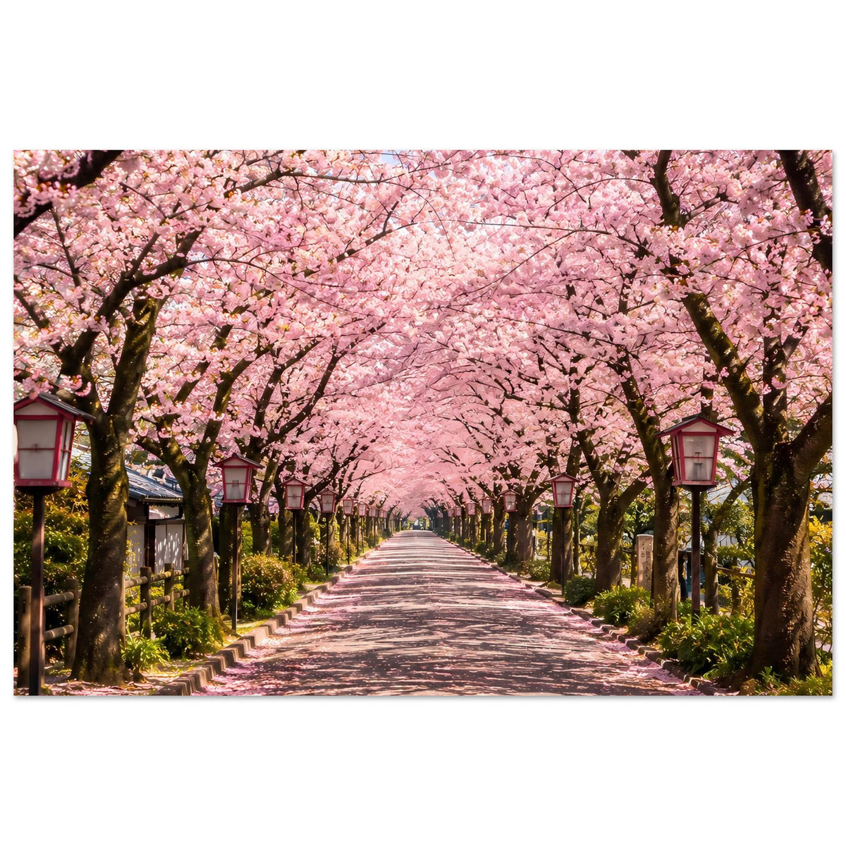 Poster mit Kirschblütenallee und rosa Blüten, Mittelweg mit Laternen rechts und links