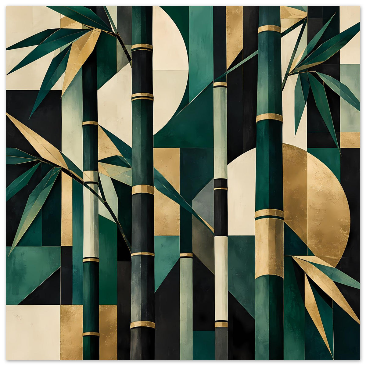 Naturposter mit abstrakter Bambusgrafik in Smaragdgrün und Gold, mit Kreisformen, querformatig