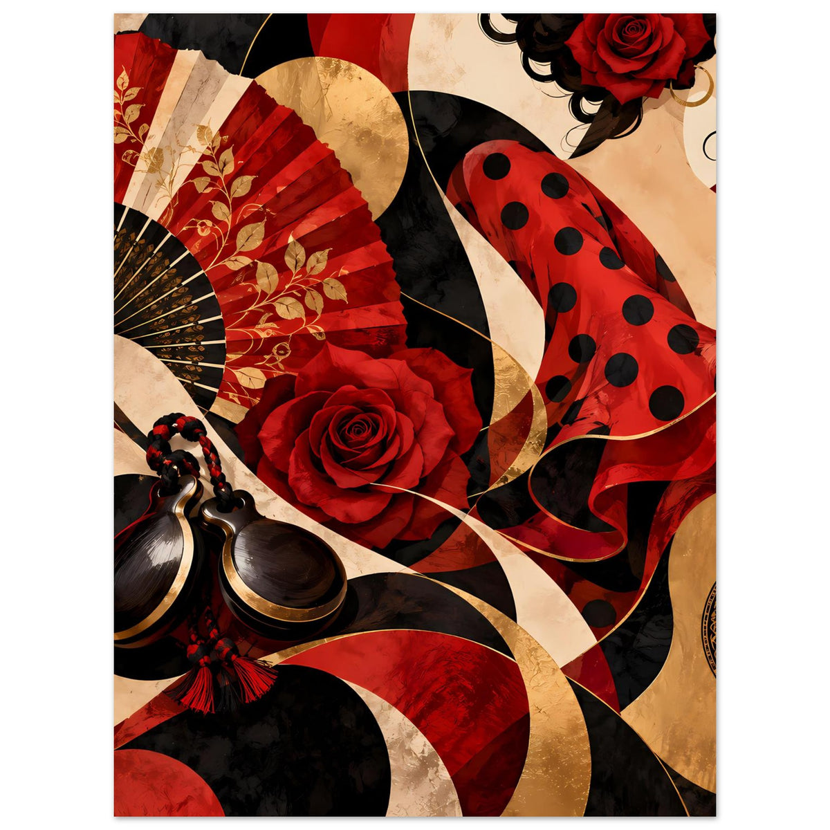 Flamenco-Poster mit roter Rose, goldener Fächerstruktur, schwarzem Hintergrund und roten Tupfen.