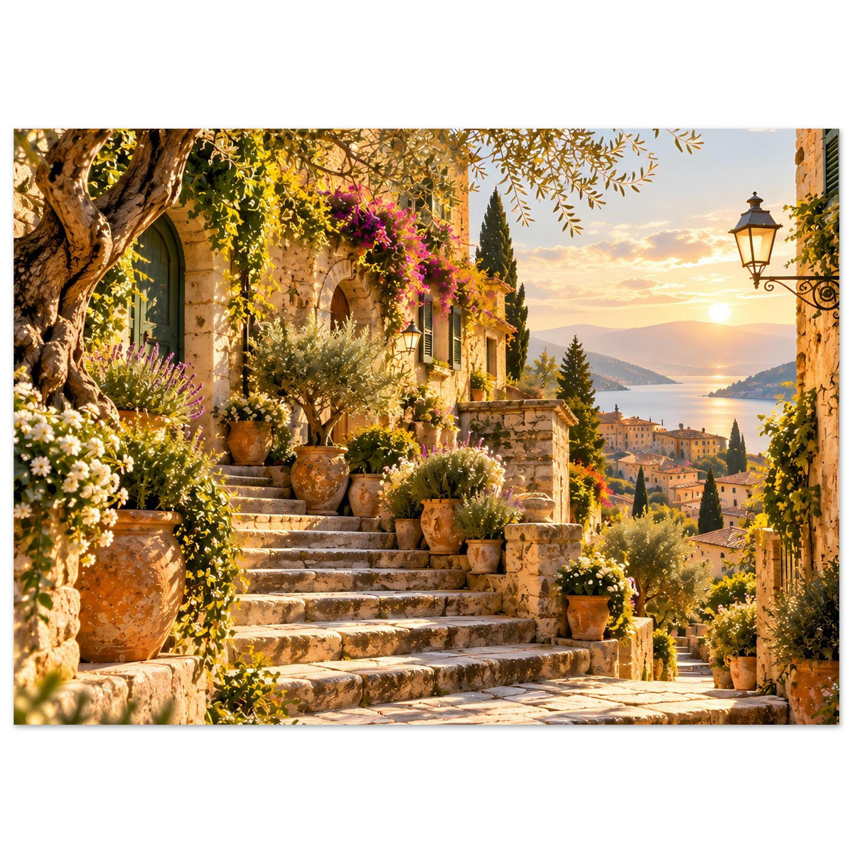 Kunstposter mit mediterranem Treppenmotiv, steinernen Stufen, Pflanzenkübeln und Abendsonne