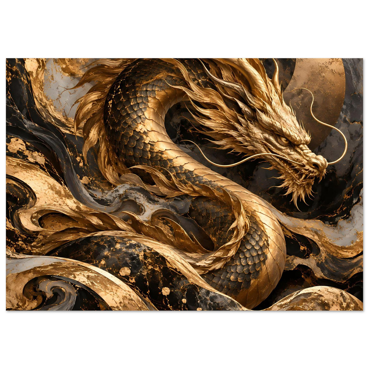 Fantasy-Poster: goldener Drache mit Kopf und geschwungenem Körper, klarer Fokus