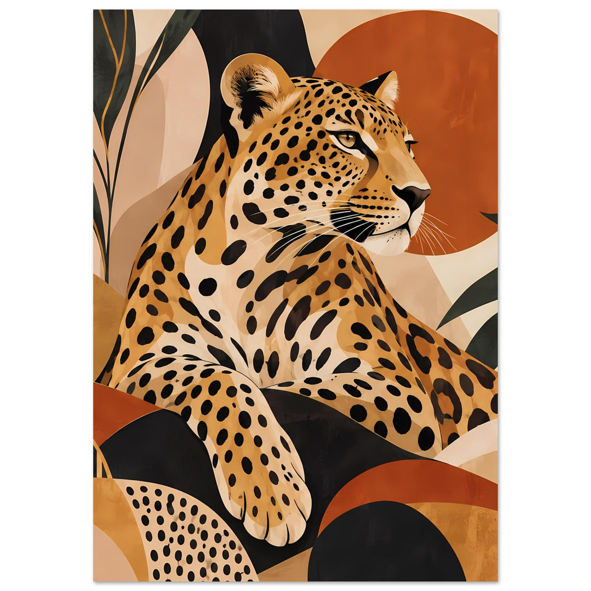 Leopard-Tierposter im Hochformat, Leopardenkopf und Pfote vor abstrakten Kreisen in Erdtönen