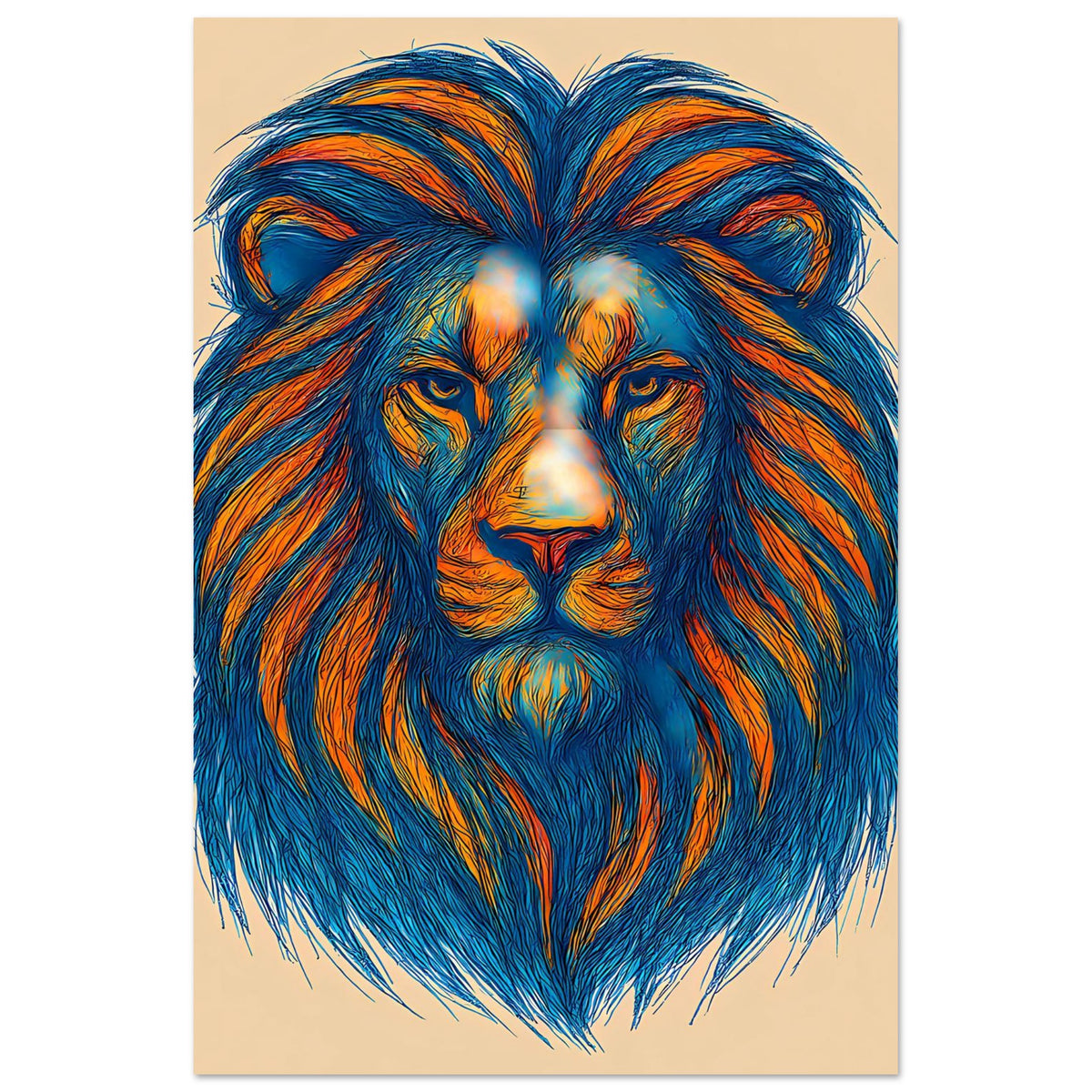 Löwenkopf-Poster mit leuchtend blauem Fell und orangefarbenen Haarspitzen