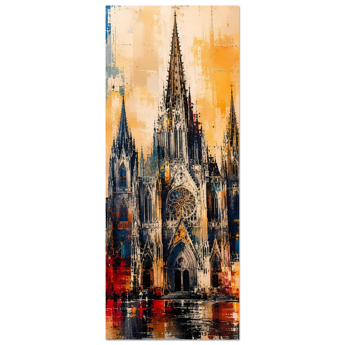 Gotisches Kathedralen-Poster im Vertikalschnitt, mehrfarbig, mit Turmfassade und Rundfenster.