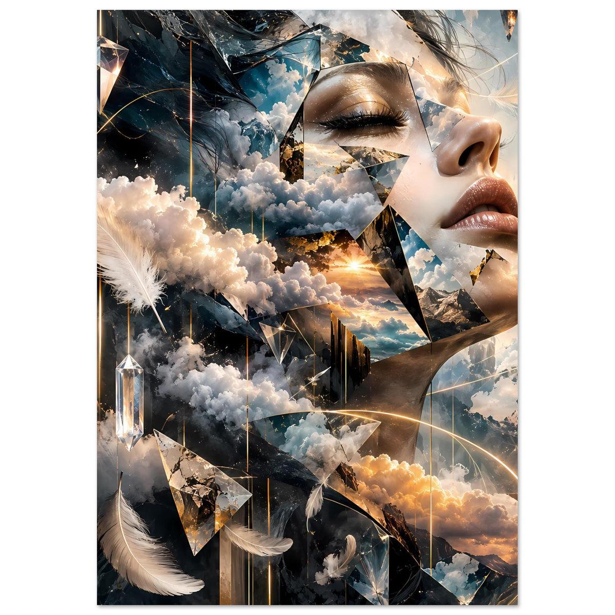 Vertikales Poster mit surrealem Wolken- und Kristallmotiv sowie Frauenporträt und Federn