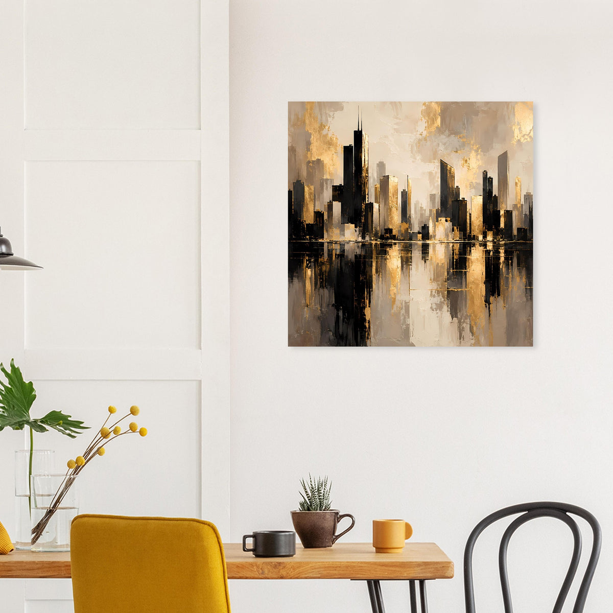 Poster mit Stadt-Skyline in Gold und Dunkelbraun, gespiegelt im Wasser