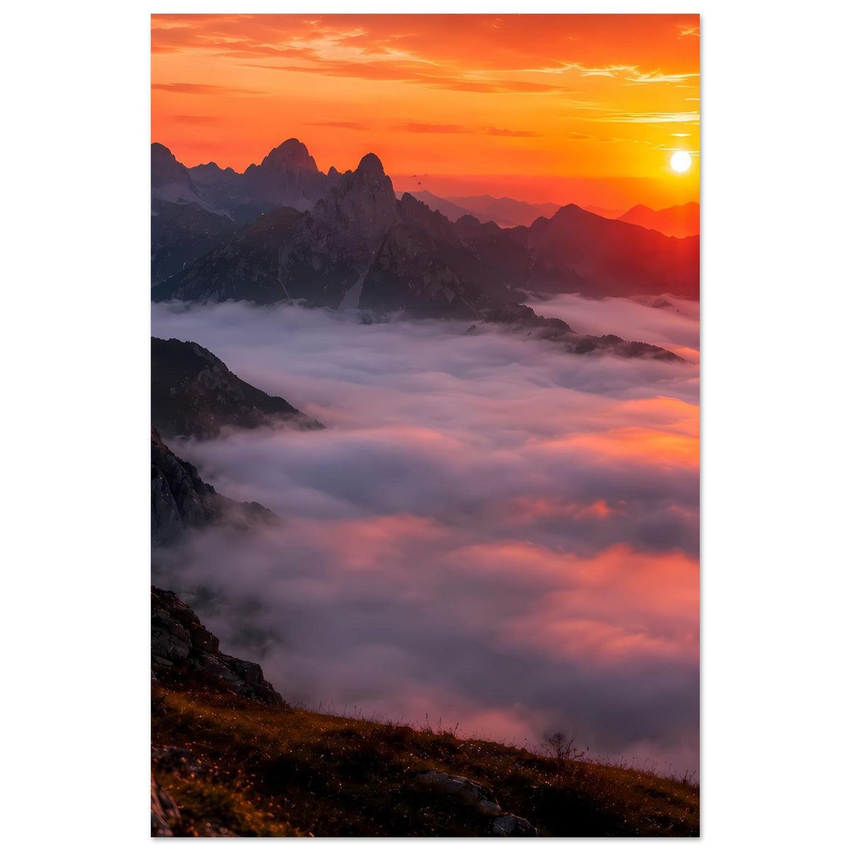 Vertikales Poster mit orangegelber Sonne über nebligen Bergtälern.