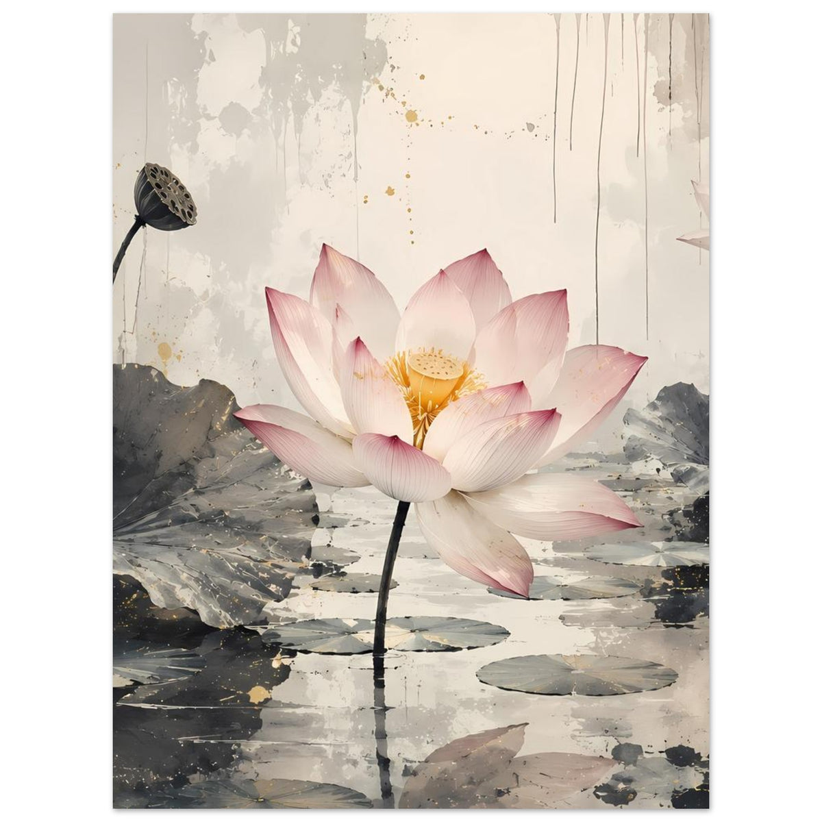 Poster mit rosafarbener Lotusblüte auf grauem Seerosenteich, graue Wasserflächen und abstrakte Spritzer