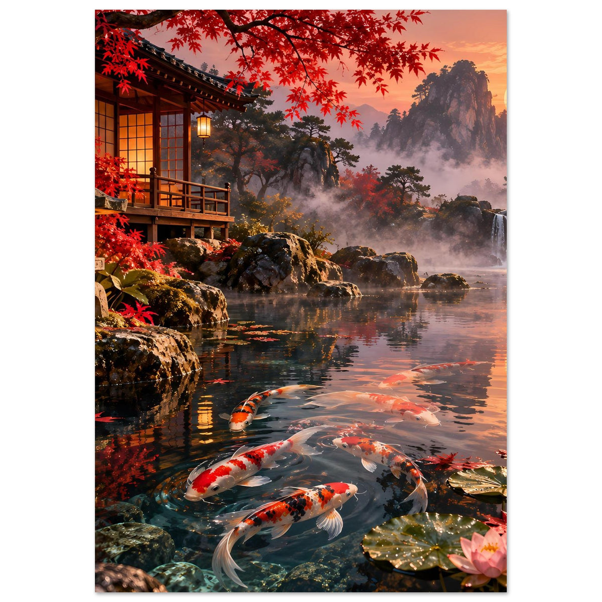 Poster mit Koi-Teichmotiv: mehrere Koi-Fische im Wasser bei goldenem Abendlicht