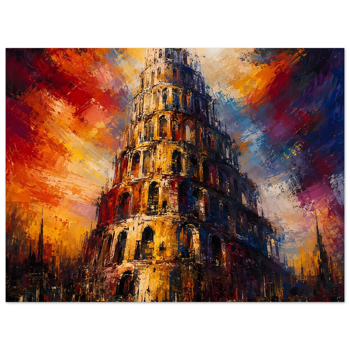 Poster mit Turm von Babel in warmen Orange- und kühlen Blaunuancen, horizontal