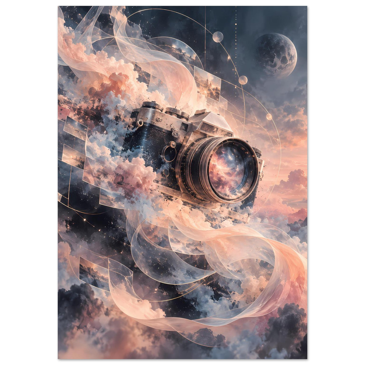 Kamera-Poster im Hochformat mit Retro-Kamera, planetenähnlichen Kreisen und Wolken