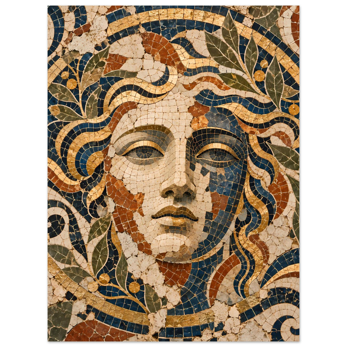 Poster mit Mosaikportrait der Göttin, klar erkennbares Gesicht und dekorative Wellenlinien