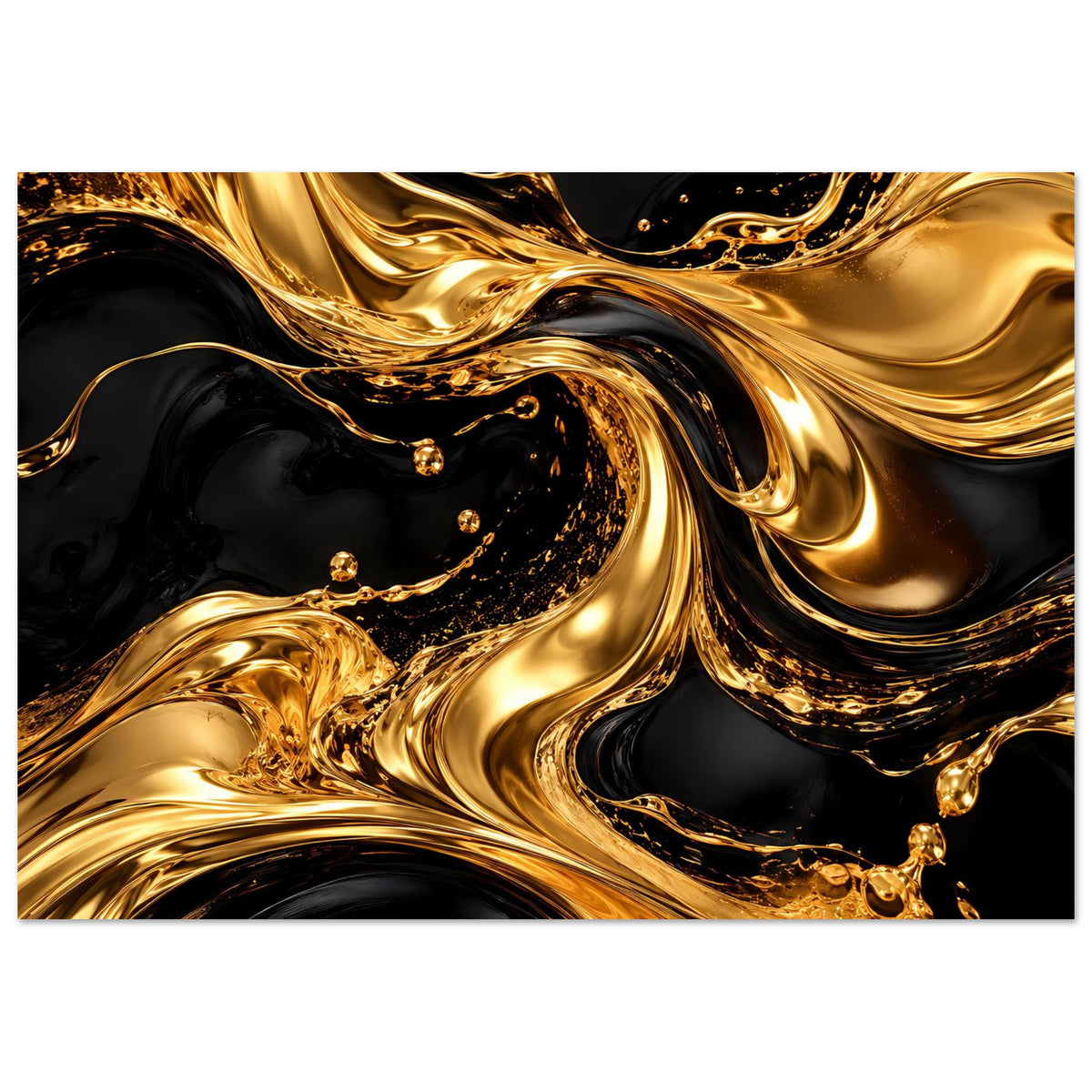 Horizontales Luxusposter: goldene Farbwirbel auf tiefschwarzem Hintergrund mit glitzernden Spritzern.