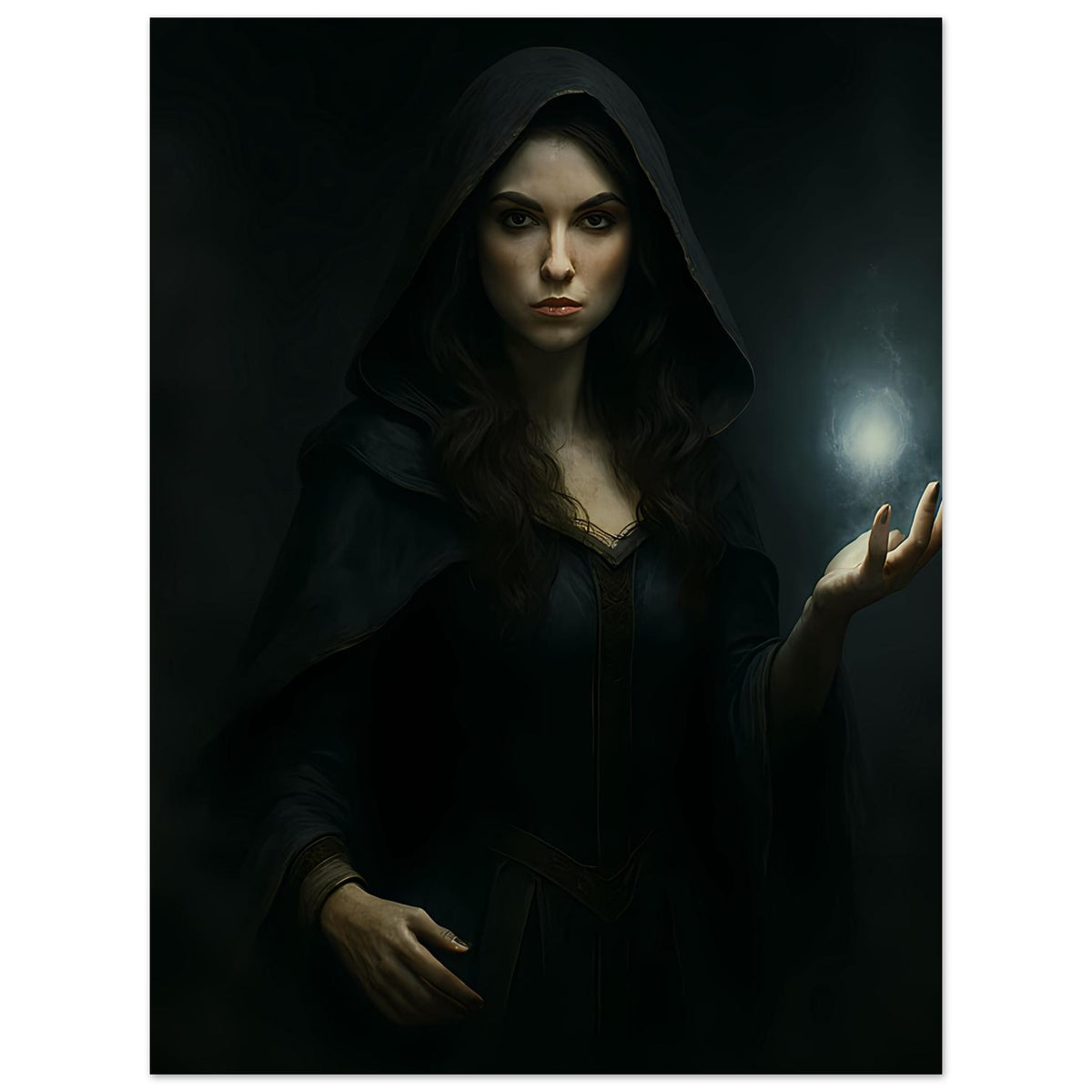 Dunkle Fantasy-Kunstprint: Kapuzenträgerin mit dunklem Mantel, hält leuchtende Kugel