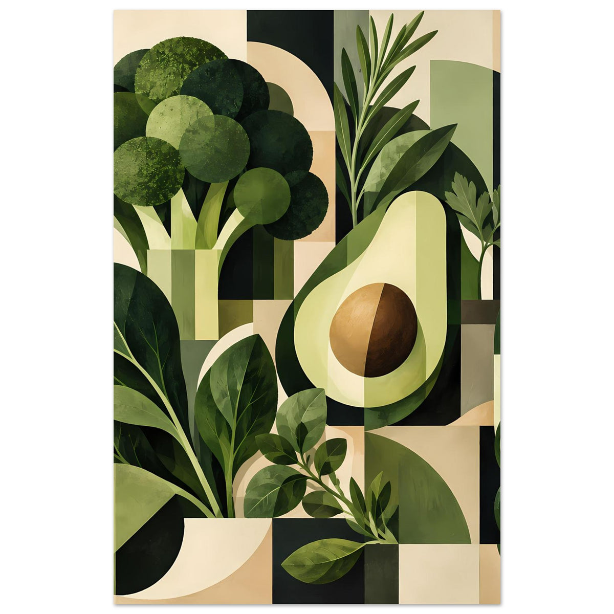 Geometrisches Poster mit grünen Pflanzenmotiven: Avocado und Blattgewächse auf Kachel-Layout